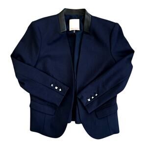 Rebecca Taylor Navy Blazer with Lamb Leather Collar & Peplum Hem – Stud Detail